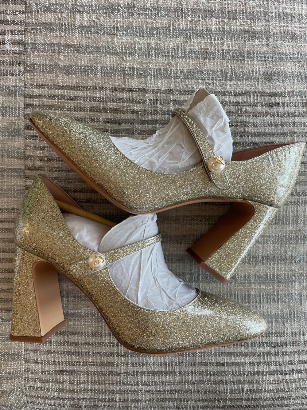 kate spade Metallic Gold Glitter Mary Jane Block Heels